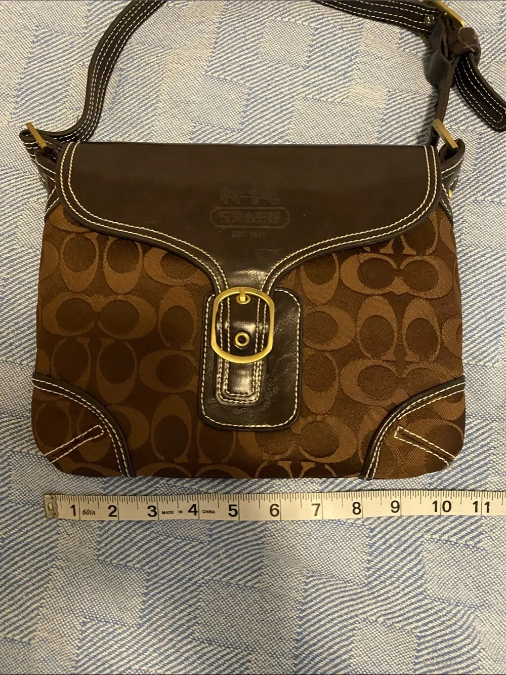 Coach Brown Canvas Signature Shoulder Bag with Dark Brown Leather Trim
